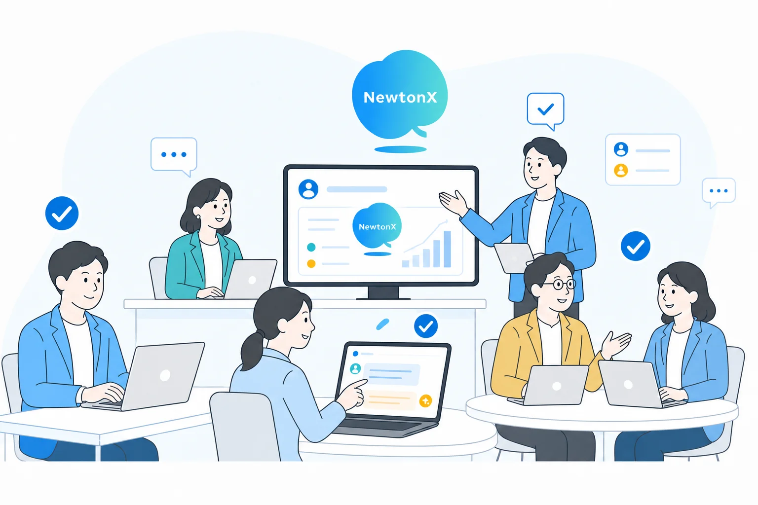 NewtonX が社内全体に定着し、各部門で活用されている様子を示すイラスト