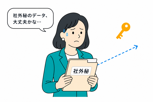 社外秘フォルダを抱え、データの安全性を心配する女性ビジネスパーソンのイラスト