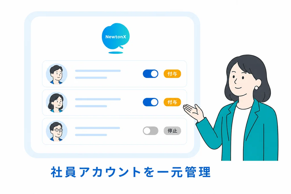 社員アカウントを一元管理し、NewtonX へのアクセス権を付与・停止できることを示すイラスト