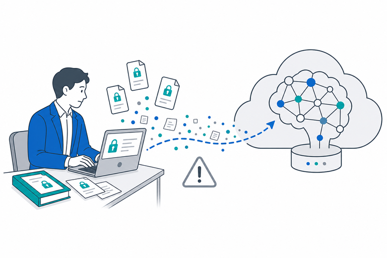 入力情報が AI の学習に使われてしまうリスクのイラスト